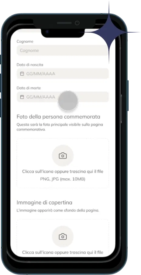 Phone showing Crea memoriale interface