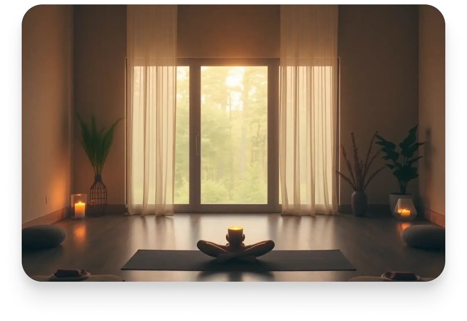 Peaceful meditation space with candles and natural light